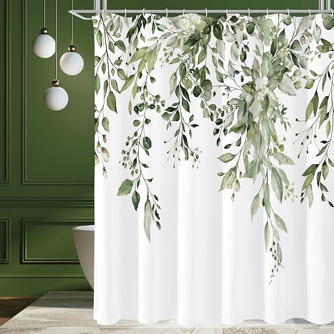 Gibelle Long Shower Curtain 72 x 78, Tall Olive Green Floral Shower Curtain for Bathroom, Watercolor Plant Eucalyptus Leaves Fabric Shower Curtain Set