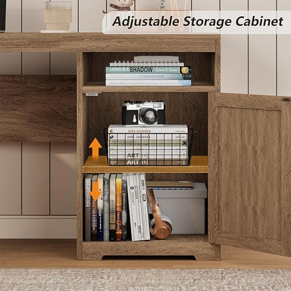 63" Farmhouse L Shaped Executive Desk with Drawers & Storage Shelf, Corner Rattan Computer Desk with Power Outlets, L Shaped Office Desk with Monitor Stand, Printer Shelf