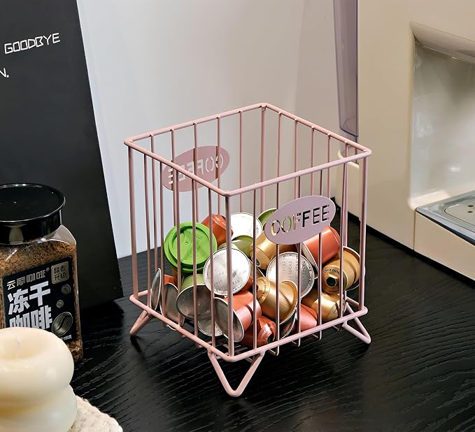 Coffee Pod Holders for Counter, Nespresso Pods Holder, K-Cup Holder, Metal Coffee Pod Basket, Espresso Pods Organizer, Countertop Organizer for Keurig Kcups & Espresso Capsules (Pink)