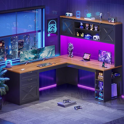 SEDETA 67" L Shaped Desk with Hutch, Farmhouse Executive Office Desks with Drawers & Sliding Doors, L Shaped Gaming Desk with Storage Shelves & Power Outlets, Corner Gaming Desk with LED Lights, Black