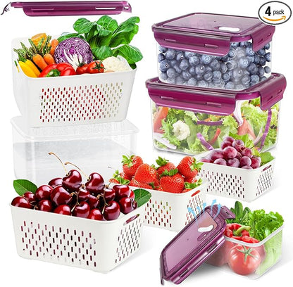 TBMax 8 Pieces Airtight Fruit Storage Containers for Fridge with Air Circulation Vent, 4 Pack Produce Saver with Colander for Berry Lettuce Salad Vegetable Storage, Refrigerator Organizers -Purple