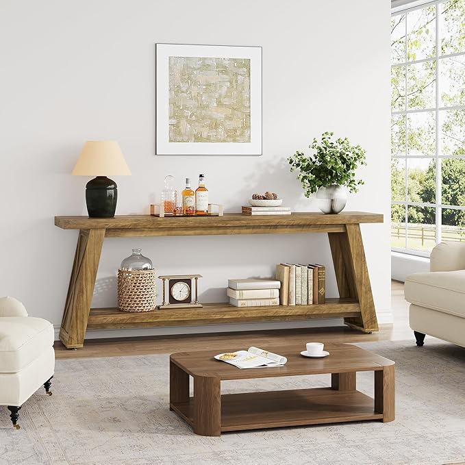 70.87-Inch Console Table for Entyrway, Extra Long Sofa Table Behind Couch, Farmhouse 2-Tier Entry Table for Hallway, Foyer, Oak Color