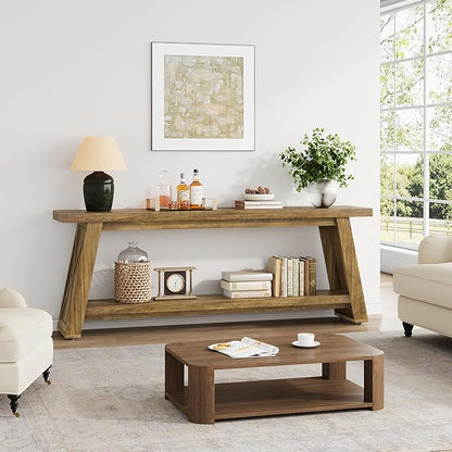 70.87-Inch Console Table for Entyrway, Extra Long Sofa Table Behind Couch, Farmhouse 2-Tier Entry Table for Hallway, Foyer, Oak Color