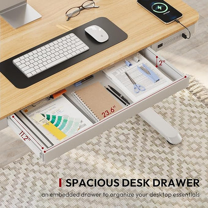 SANODESK Standing Desk with Drawer, Electric Height Adjustable Home Office Desk with Storage & USB Ports, 48 inch Maple Wood Tabletop/White Frame