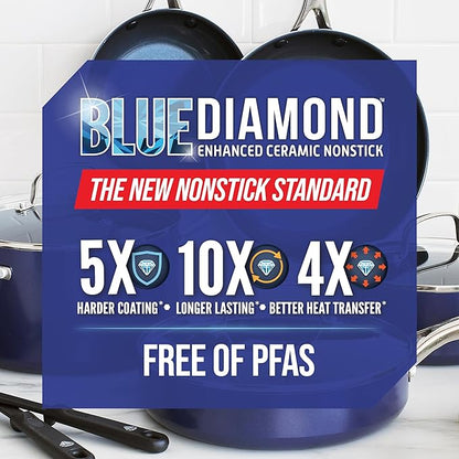 Blue Diamond 8" Nonstick Frying Pan Skillet, Diamond Infused PFAS-Free Ceramic, Dishwasher & Oven Safe, Stainless Steel Handle, Durable Non Toxic Metal Utensil Safe, Egg & Omelet Pan, Blue