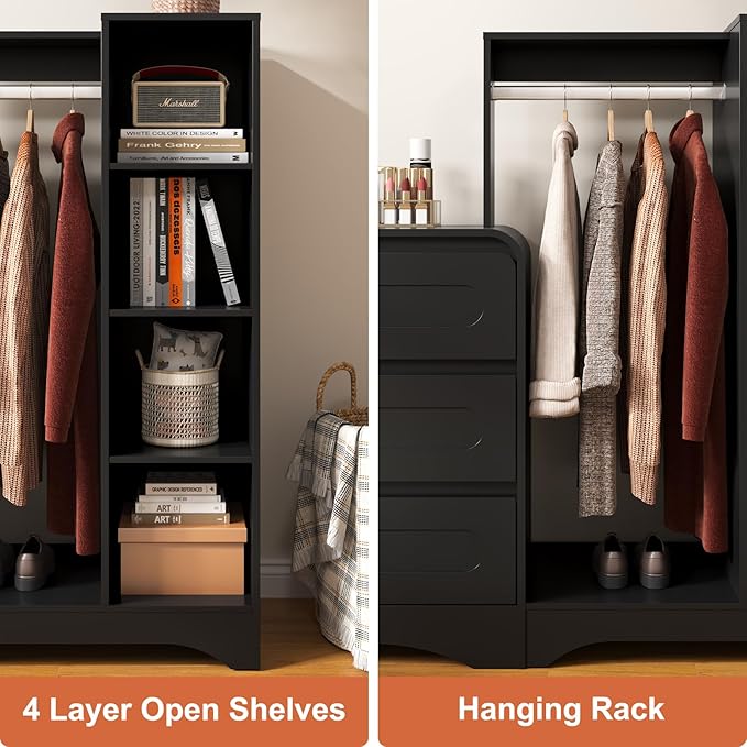 Dresser with Clothes Hanging Rack, Pre-Installed Slides for Fast Installation, 3-in-1 Wardrobe Closet with Drawers and Shoe Shelves, Modern Wood Storage Armoire for Bedroom, Black