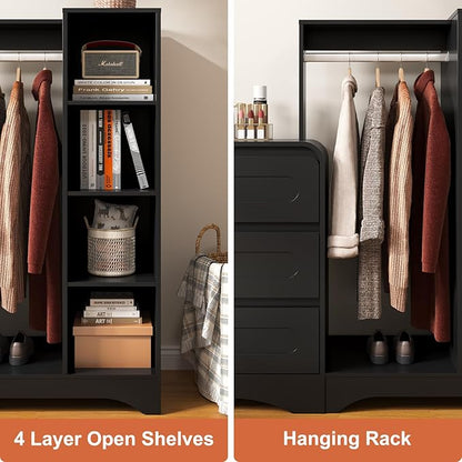Dresser with Clothes Hanging Rack, Pre-Installed Slides for Fast Installation, 3-in-1 Wardrobe Closet with Drawers and Shoe Shelves, Modern Wood Storage Armoire for Bedroom, Black