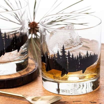 Black Lantern Whiskey Glasses Set of 2 – 11oz Heavy-Base Rocks Tumblers for Bourbon, Scotch & Cocktails – Nature-Themed Forest & Fish Design