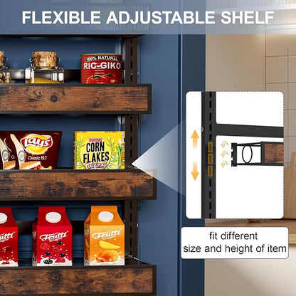6 Tier Over The Door Pantry Orangizer 2 IN 1 Wall Mounted or Hanging Spice Rack with Adjustable Wood Basket,Heavy Duty Seasoning Storage Shelf for Kitchen Pantry and Bathroom
