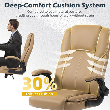 Office Chair - Executive Leather High Back Office Desk Chair with Rocking Function - Ergonomic Breathable Comfortable Wide Swivel Rolling Gaming Computer Chair with Flip-up Armrests & Lumbar Support