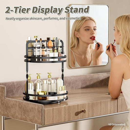 360° Rotating Makeup Organizer, 2-Tier Black Perfume Organizer for Dresser, Bathroom Organizers Countertop, Perfume Shelf with Makeup Brush Holder, Skincare Holder Cosmetic Display(Black)