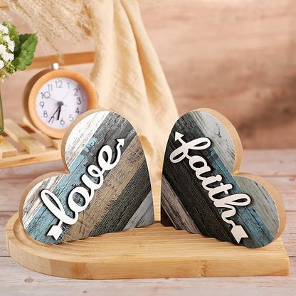 Jetec 2 Pcs Rustic Table Decorations for Living Room Home Decor Farmhouse Valentines Day Centerpiece Small Love Wooden Heart Decor for Dining Room Shelf Valentines Gift Decoration(Love Style)