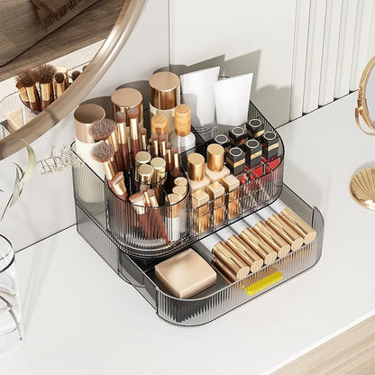Delamu Makeup Organizer for Vanity with Stackable Drawers, 360 Rotating Makeup Brush Holder Large Cosmetic Display Case, Bathroom Skincare Storage, Crystal Black, Ideal Christmas Gifts for Girls