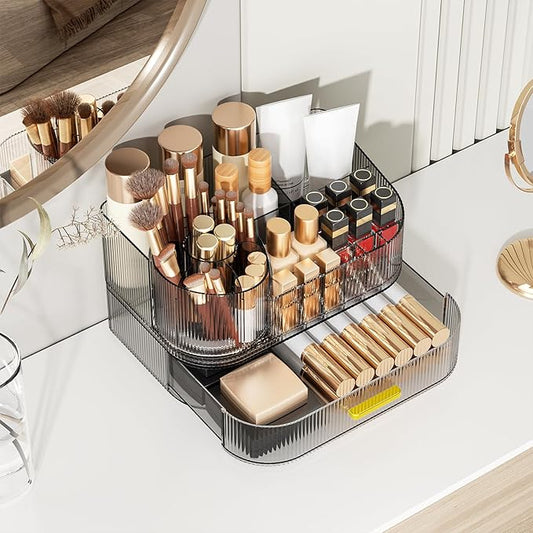 Delamu Makeup Organizer for Vanity with Stackable Drawers, 360 Rotating Makeup Brush Holder Large Cosmetic Display Case, Bathroom Skincare Storage, Crystal Black, Ideal Christmas Gifts for Girls