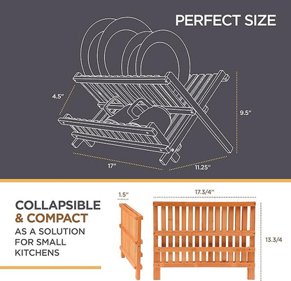 Bambüsi Dish Drying Rack - Collapsible Bamboo 2 Tier Foldable Wooden Dish Drainer for Countertop, Plates Cups Bowls Utensils - Eco Friendly Folding Bamboo Dish Rack for Kitchen Apartment RV Home Small