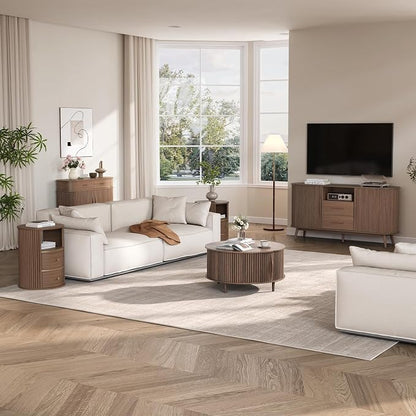 JOINICE,Round Coffee Table with Storage, 31.5" Fluted Center Table for Living Room, Modern Walnut Wood Circle Drum Table with Sliding Cabinet Door, Mid Century Furniture for Small Space