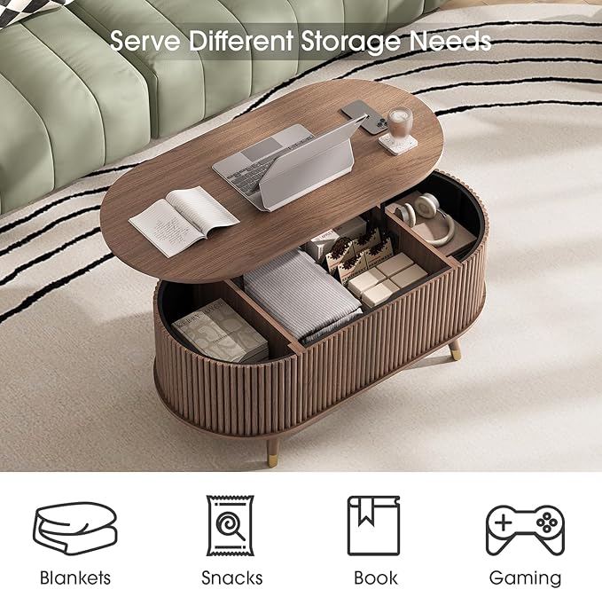 SULIVES Oval Coffee Table with Storage, Multifunctional Coffee Table with Lifting Top, Small Fluted Center Table for Living Room, Walnut