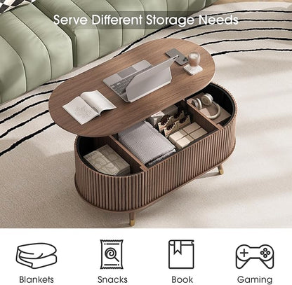 SULIVES Oval Coffee Table with Storage, Multifunctional Coffee Table with Lifting Top, Small Fluted Center Table for Living Room, Walnut