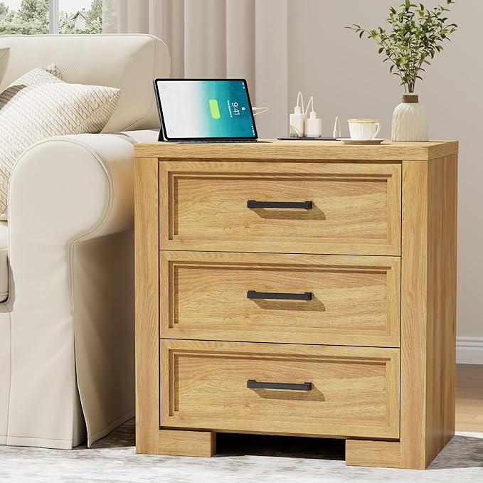 24" Wide Nightstand Set of 2, Night Stand with Charger Station, Bedside Table with 3 Drawers, Sofa Side Table for Bedroom, Living Room, Entryway, Natural Oak