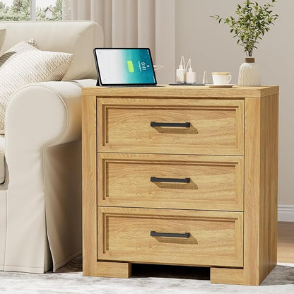 24" Wide Nightstand Set of 2, Night Stand with Charger Station, Bedside Table with 3 Drawers, Sofa Side Table for Bedroom, Living Room, Entryway, Natural Oak