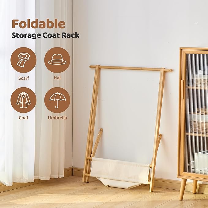 FILWH Bamboo Clothes Rack with Storage Box Foldable Garment Holder Coat Rack Freestanding Coat Stand Child Clothing Stand for Hanging Coat Dress up Racks (Natural, Small)