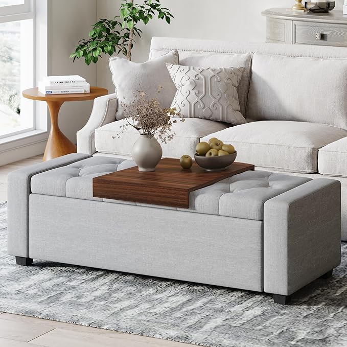 Storage Ottoman Bench with Tray,Large Entryway Ottoman with Storage, Rectangular Bench with Cushion and Safety Hinge for Living Room Bedroom,Light Gray