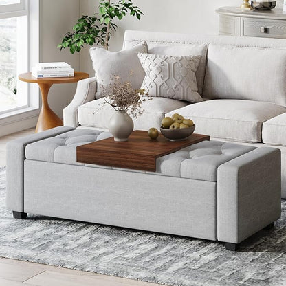 Storage Ottoman Bench with Tray,Large Entryway Ottoman with Storage, Rectangular Bench with Cushion and Safety Hinge for Living Room Bedroom,Light Gray