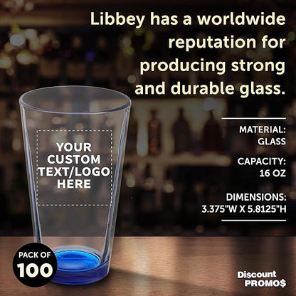 Custom Libbey Pint Glass 16 oz. Set of 100, Personalized Bulk Pack - Beer Glasses, Heavy Duty Drinkware - Blue