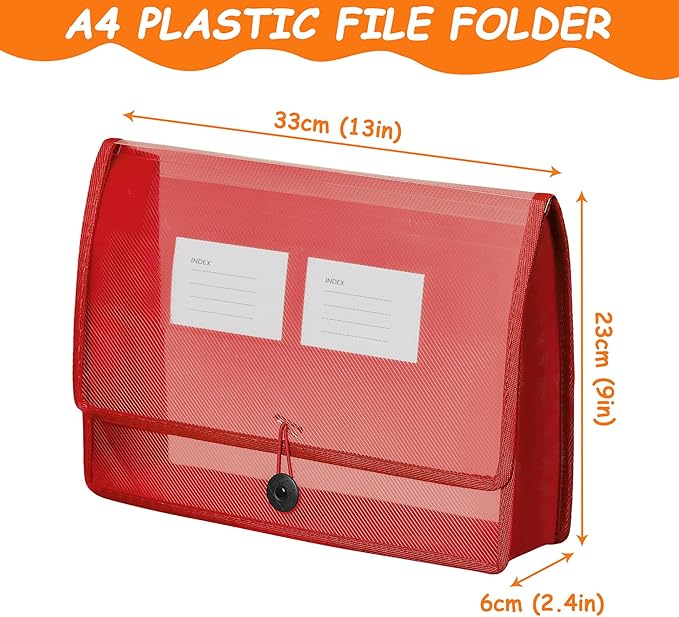 CHEPULA 5Pack A4 Plastic File Wallet Envelope Expanding File Folder Document Organizer with Snap Closure & Label Pocket Clear Colored Waterproof Accordion File Pouch for Office Home