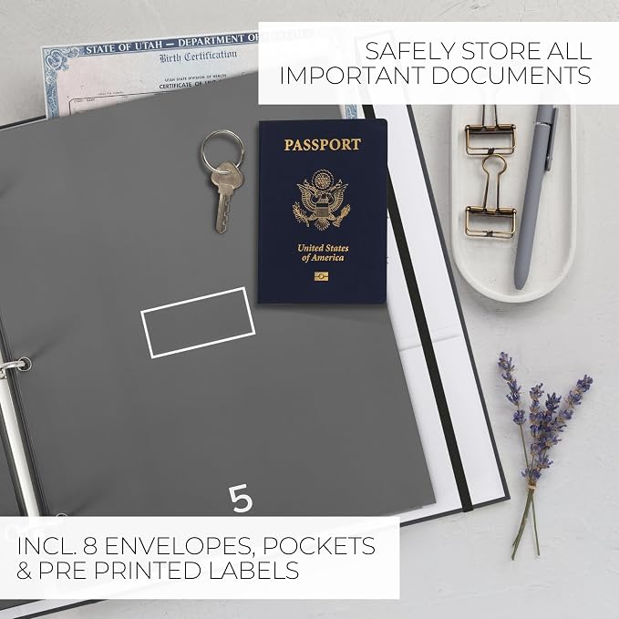 Important Document Organizer Set with Folders - Complete Linen Ring Binder Set Safely Stores All Documents & Files in One Place - Easy to Use Expanding Storage Incl. Envelopes, Pockets & Labels