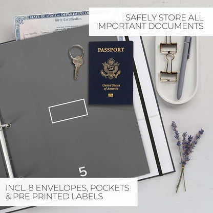 Important Document Organizer Set with Folders - Complete Linen Ring Binder Set Safely Stores All Documents & Files in One Place - Easy to Use Expanding Storage Incl. Envelopes, Pockets & Labels