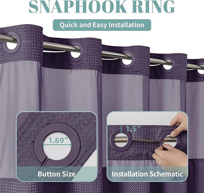 Purple Long No Hook Waffle Weave Shower Curtain with snap-in Liner Replacement, 230GSM Waterproof Fabric Hotel Shower Curtain Set for Bathroom, Through Mesh Top Window,71Wx80H