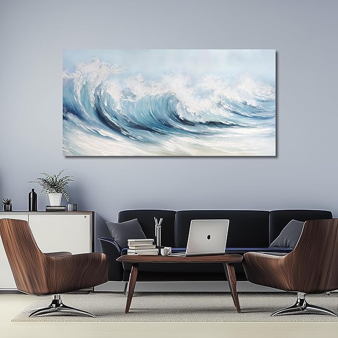 Belmrxne Coastal Wall Decor White Wall Art Ocean Artwork Textured Canvas Painting Wave Wall Painting for Living Room Dining Room Kitchen Office 24x48 Inches