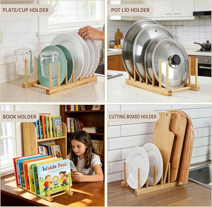 Bamboo Plate Holder Set,3 Tier Corner Shelf & Vertical Plate Stand,Sustainable Dish Organizer for Cabinet,Countertop,Small Space Organization,Durable Dish Rack for Cups,Cutting Boards ,Books - 2 Set