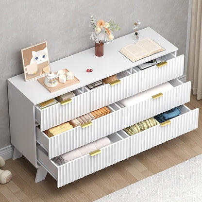 Fluted 7 Drawer Dresser, 47.2" Wide Modern Boho Chest of Drawers, Wooden Storage Dresser TV Stand for Bedroom, Living Room, Closet, Hallway, Curved Profile Design