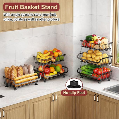 3-Tier Rolling Pantry Cart with Wheels, Stackable Wire Storage Floor Organizer for Kitchen Pantry Snack Shelves, Fruit Basket Stand, Vegetable Storage Rack for Food Snacks Onion Potato, Black, 2 Pack