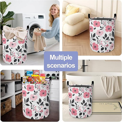 Laundry Basket, Pink Flowers Oxford Cloth Laundry Hamper With Handle Foldable Portable Clothes Storage Basket Storage Bag For Laundry Room/Bathroom/Bedroom/Dormitories
