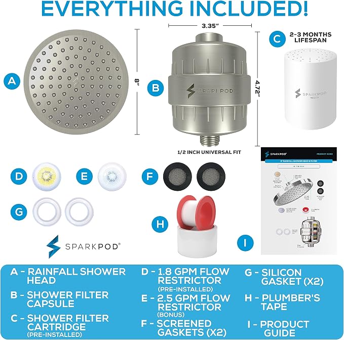 SparkPod 23-Stage Filtered Shower Head, 8" Round, Brushed Nickel | Filtered Shower Head for Hard Water Filter, High Pressure, Reduces Chlorine, Heavy Metals, For Dry Skin & Hair