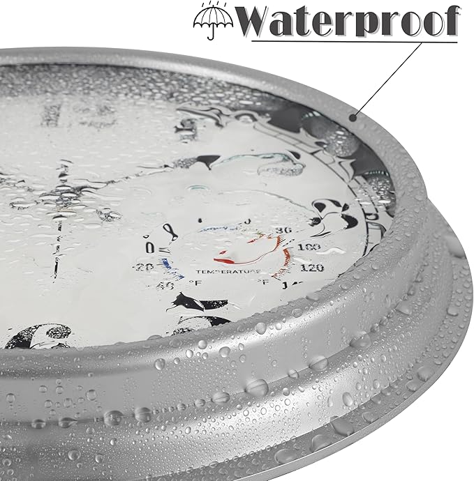 JENLYSTIME 16 Inch Silver Vintage Waterproof Indoor/Outdoor Wall Clock with Thermometer & Hygrometer, Large Numerals & Silent Sweep Movement - Ideal for Porch, Garden, Pool
