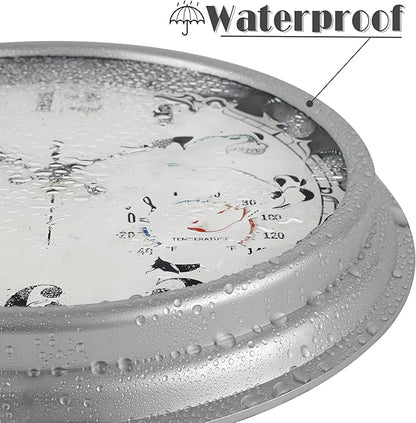 JENLYSTIME 16 Inch Silver Vintage Waterproof Indoor/Outdoor Wall Clock with Thermometer & Hygrometer, Large Numerals & Silent Sweep Movement - Ideal for Porch, Garden, Pool