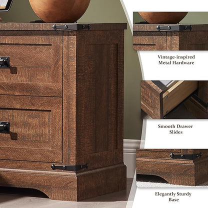 T4TREAM 24" Farmhouse Nightstand with Charging Station, Large End Table with 2 Storage Drawers, Rustic Wood Sofa Bedside Table for Bedroom, Reclaimed Barnwood Color