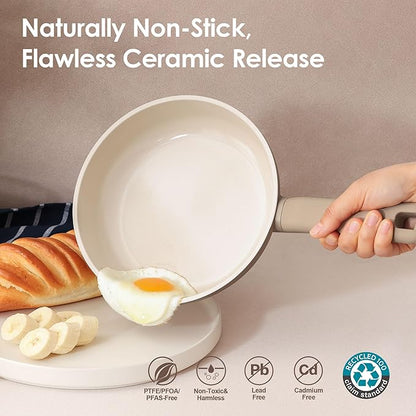 SENSARTE Ceramic Nonstick Pots and Pans Set 17pcs, Healthy Induction Cookware Set, Nontoxic Kitchen Cooking Set with Skillets & Saucepans, Stay-cool Handles, PFAS PTFE PFOA PFOS Free,Taupe