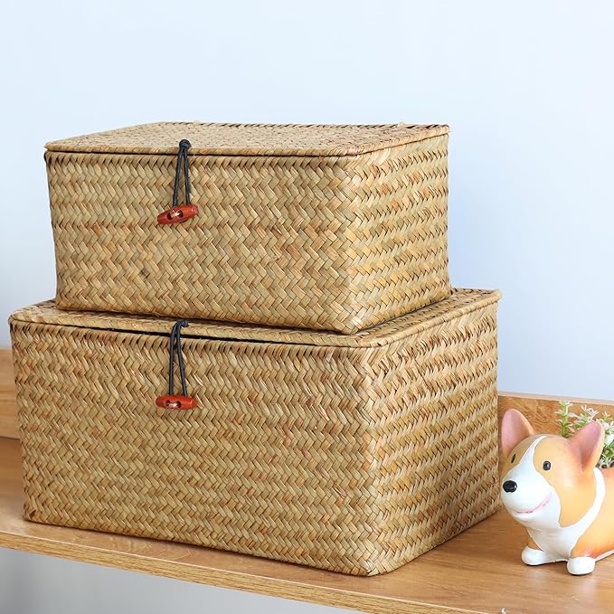 Wicker Shelf Baskets with Lid,Natural Seagrass Storage Basket Boxes Handwoven Rectangular Baskets Bins Multipurpose Home Organizer Decor (Medium)