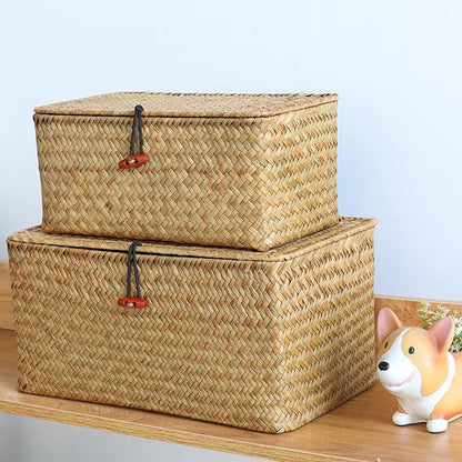Wicker Shelf Baskets with Lid,Natural Seagrass Storage Basket Boxes Handwoven Rectangular Baskets Bins Multipurpose Home Organizer Decor (Medium)