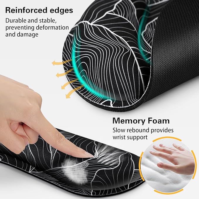 Mouse Pad Black, Ergonomic Keyboard Wrist Rest, Mouse Pad with Wrist Rest Black, Gaming Mousepad with Wrist Support, Memory Foam Wrist Rest Set for Computer Keyboard, Office Desk Accessories