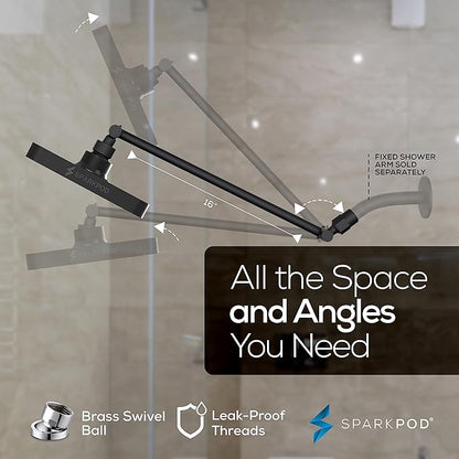 SparkPod Square Rain Shower Head with Shower Head Extension Arm - High Pressure Rain - Luxury Modern Look - No Hassle Tool-less 1-Min Installation (16" Shower Arm Extension, Midnight Black Matte)