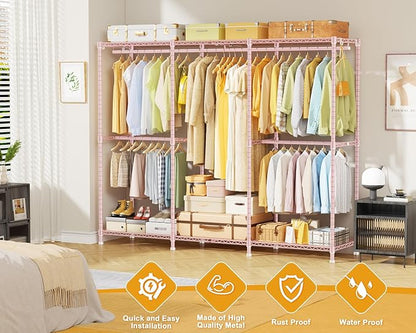 E14 Heavy Duty Clothes Rack，Freestanding Clothing Racks for Hanging Clothes，Adjustable Closet Organizers and Storage，Metal Garment Rack with Shelves 69" W x16 D x77 H，Max Load 960LBS，Pink