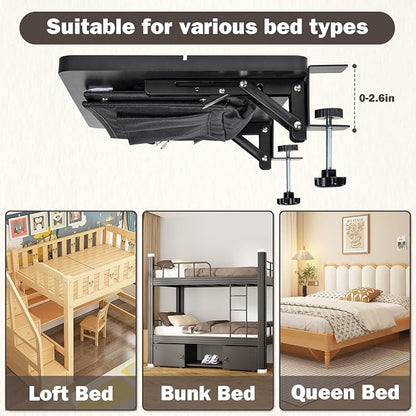 Foldable Bedside Shelf - Bamboo Bedside Shelf with Storage Bag Metal Clip-On Bed Tray Table for Bunk Bed & Dorm Beds, Space Saving Nightstand for Loft Beds
