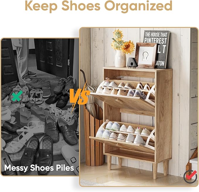 Shoe Cabinet Storage for Entryway with 2 Flip Drawers, Narrow Shoe Cabinet for Entryway, Hidden Slim Shoe Organizer Rack Cabinet (Natural, 23.6" W)