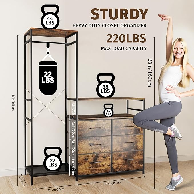 Heavy Duty Garment Rack with Fabric Drawers and LED Light, Freestanding Portable Closet Wardrobe Systems with Shelves for Bedroom, Entryway, Apartment